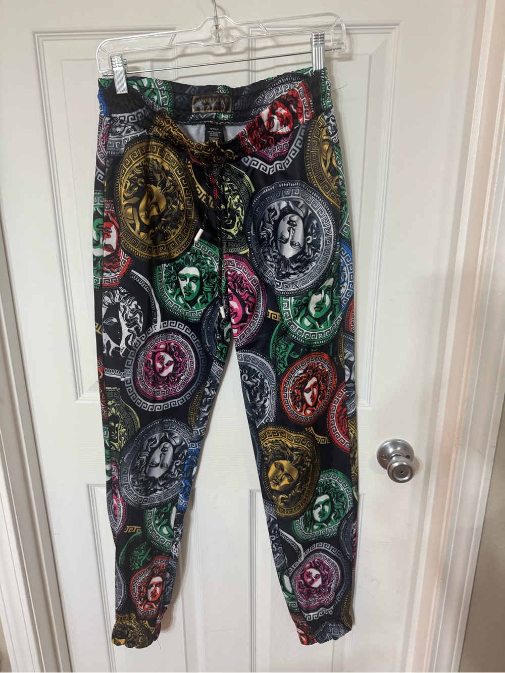 Black Medallion-Print Men's Jogger Pants with Multicolor Accents